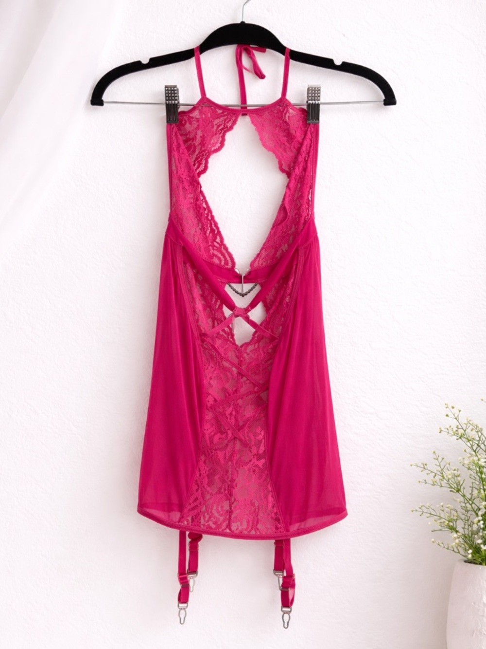Shirley of Hollywood Fuchsia Lace Halter Chemise with Garter Straps